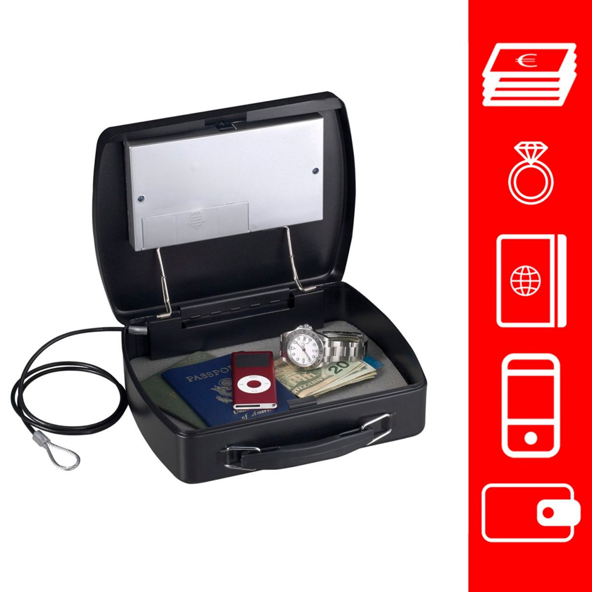 Una caja fuerte con objetos de valor dentro: reloj, dinero, iPod, pasaporte. Iconos rojos.