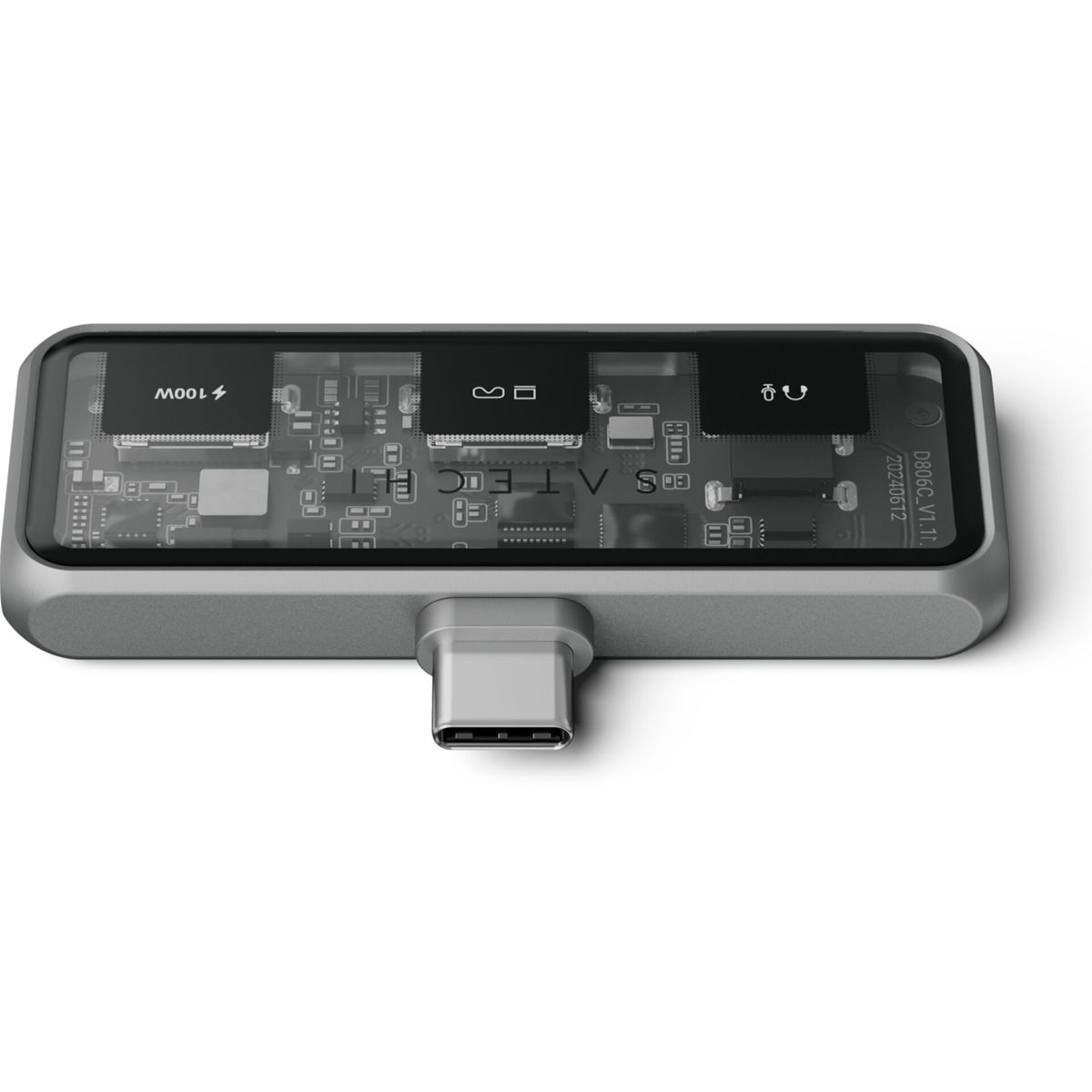 Silberner Multiport-Adapter mit USB-C-Anschluss. Der Adapter hat mehrere Anschlüsse und elektronische Bauteile.