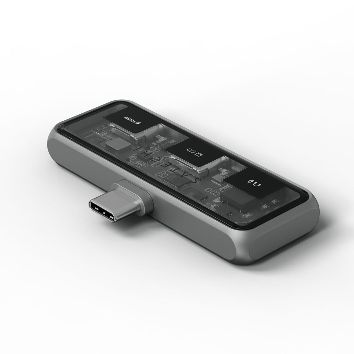 Ein silberner USB-C-Hub mit transparentem Deckel, der die interne Schaltung zeigt. Der Hub hat einen USB-C-Anschluss.