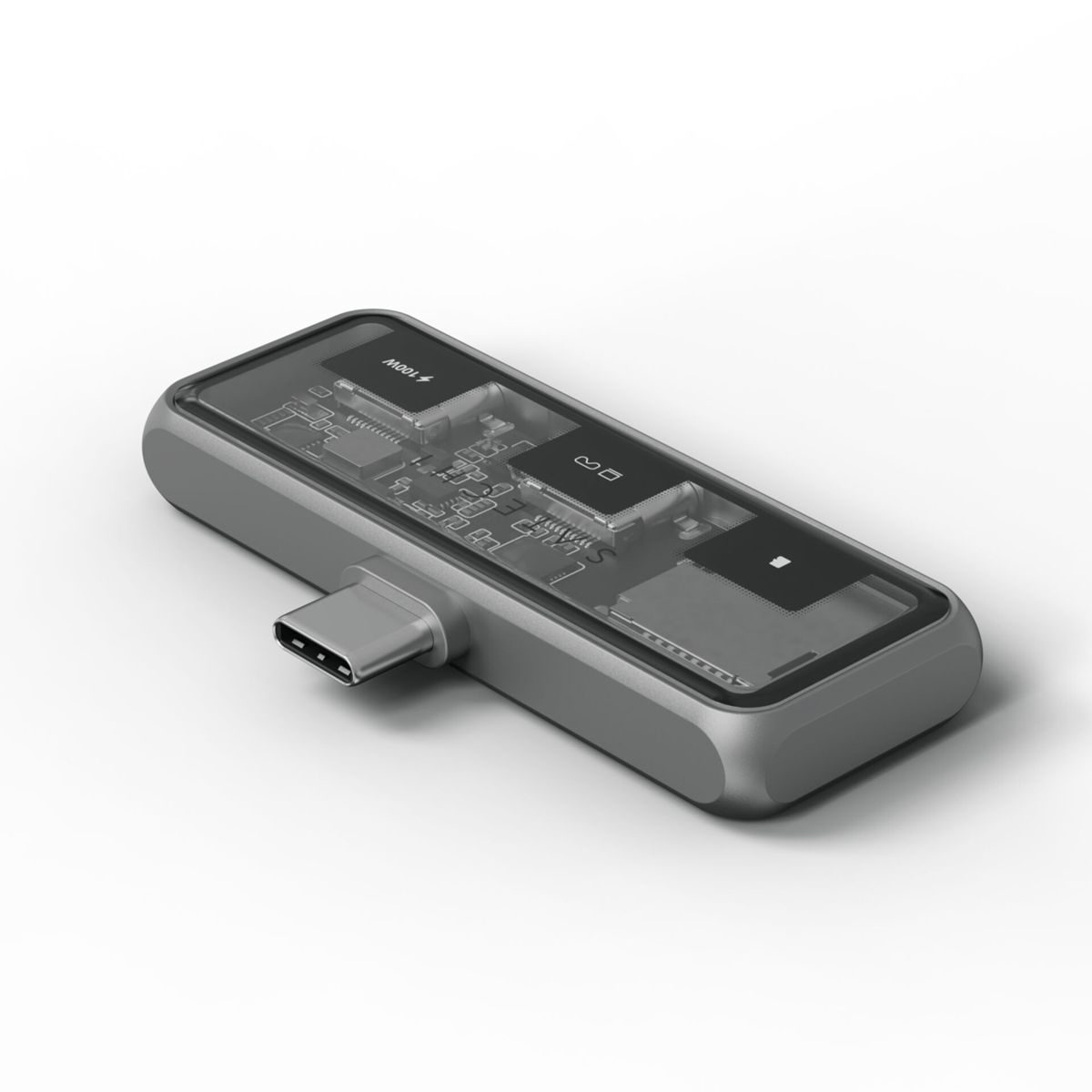 Un adattatore grigio con una porta USB-C e componenti interni visibili. È un design trasparente.