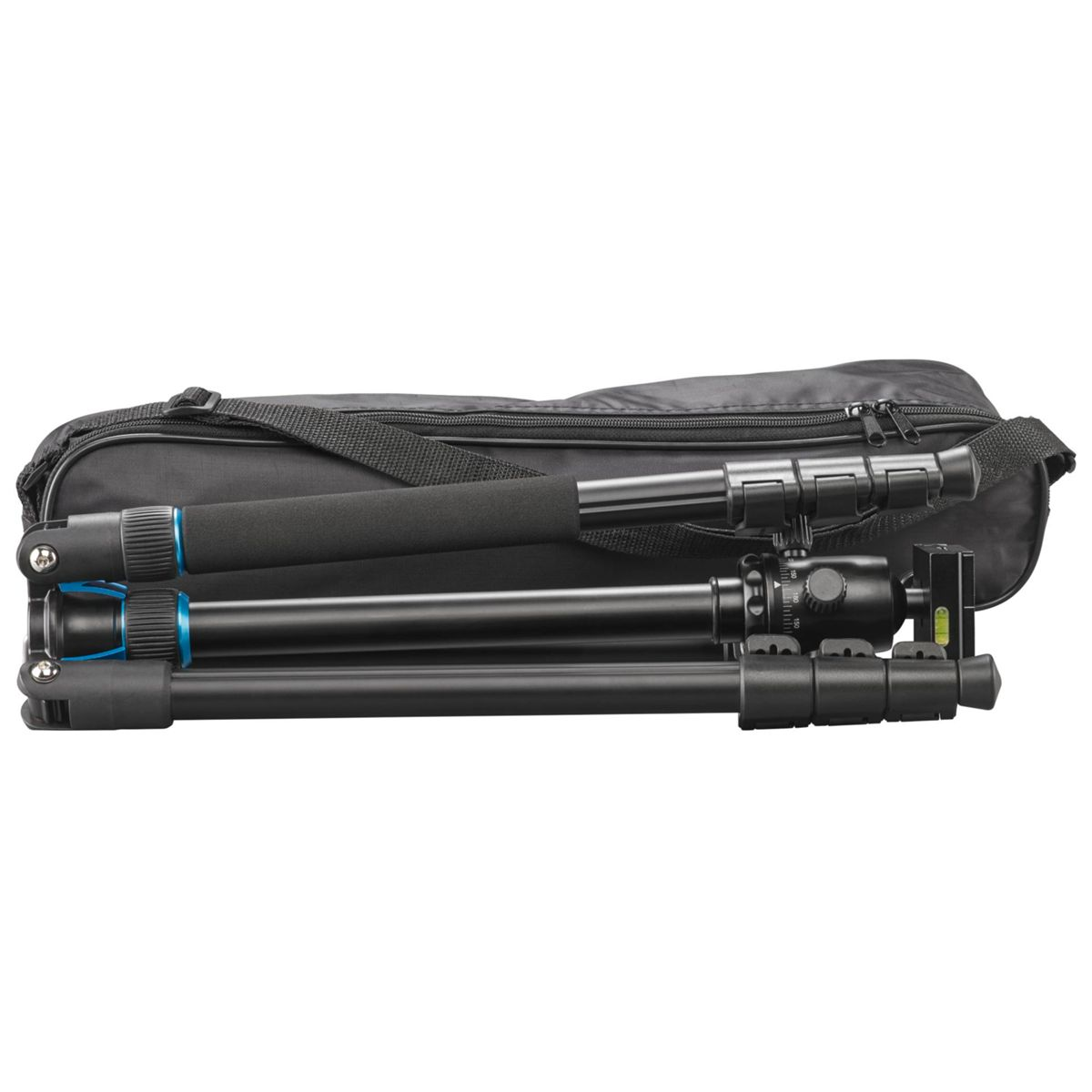 Trípode negro plegado con una bolsa de transporte negra. El trípode tiene detalles en azul y negro.