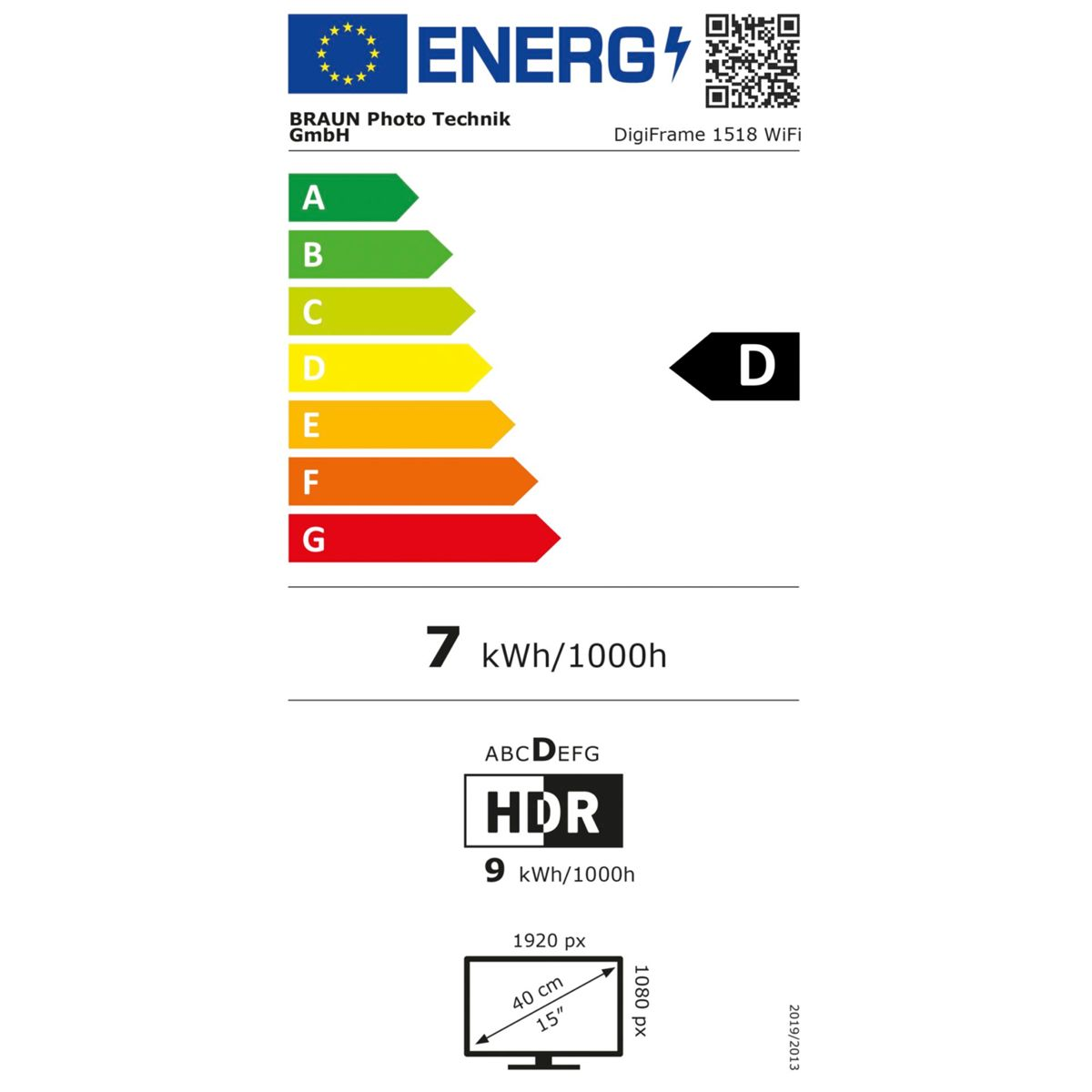 Energieeffizienzlabel mit Bewertungen, das eine D-Bewertung zeigt. Enthält das Logo von Braun Photo Technik.