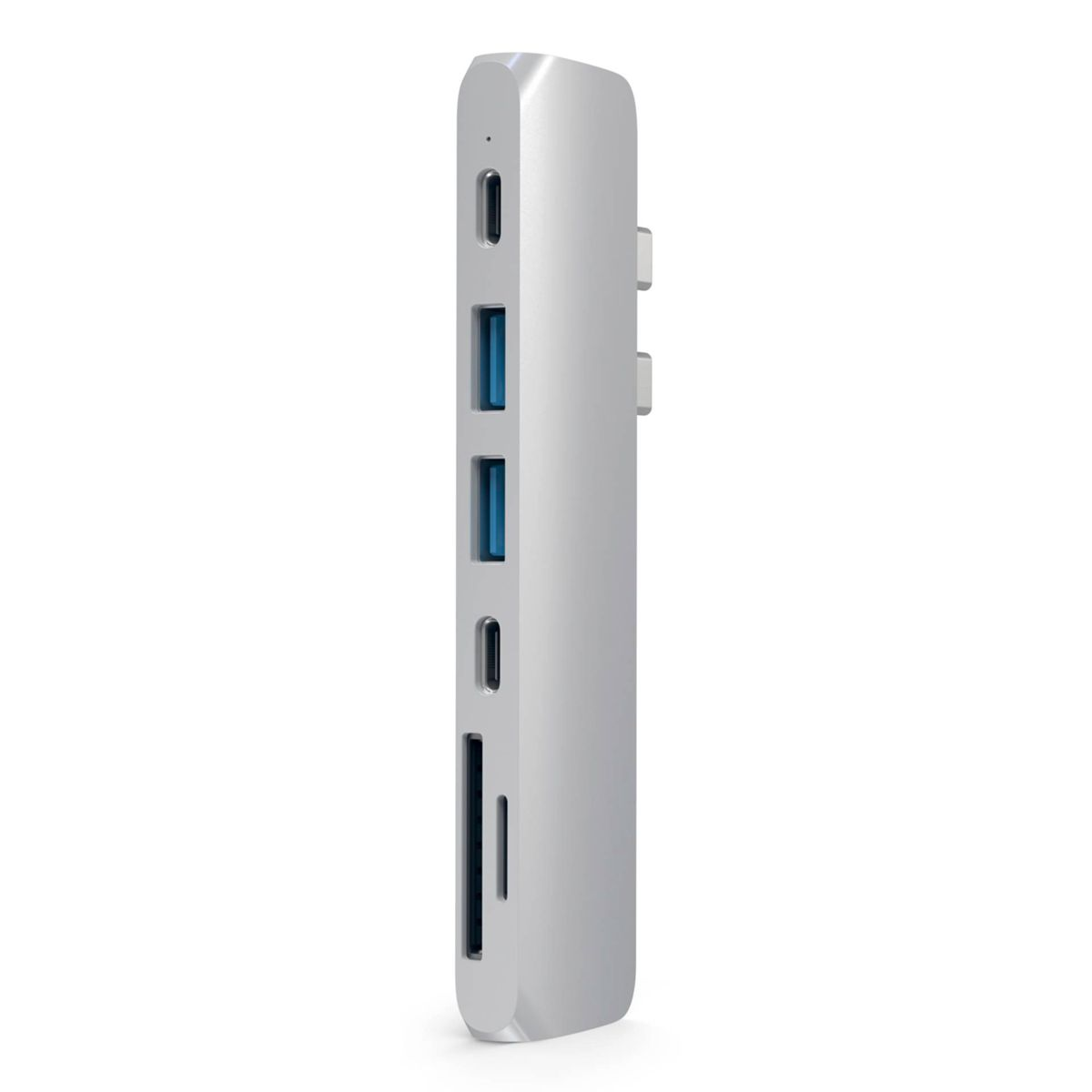 Silver USB-C hub from the side view. It shows USB ports, a USB-C port, and an SD card slot.