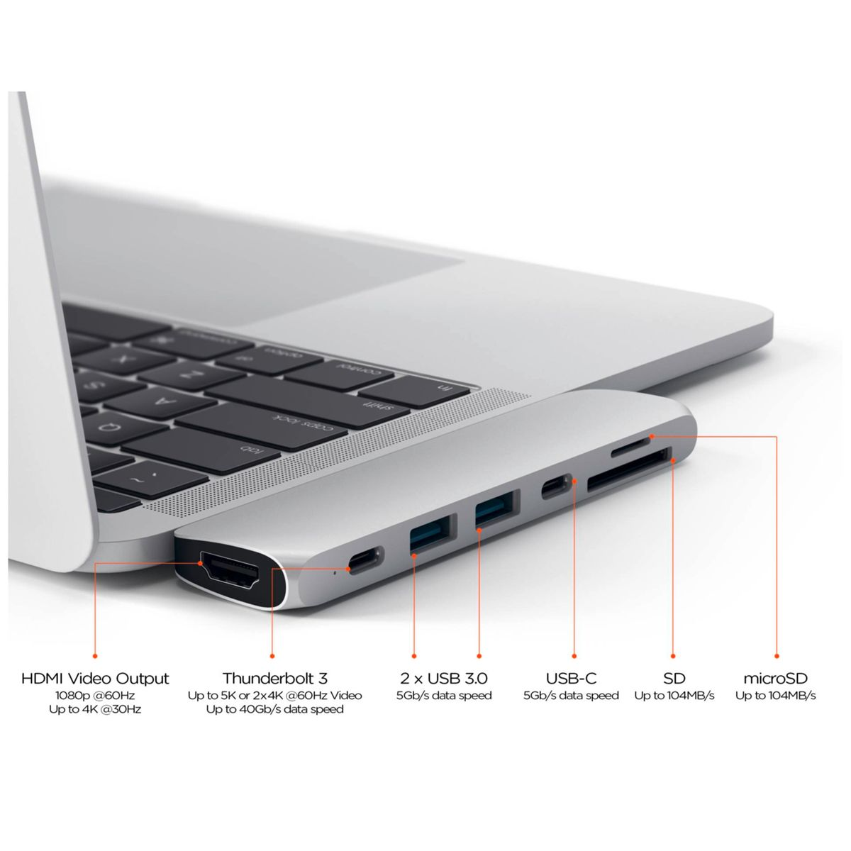 Silver USB-C hub connected to a laptop. It has HDMI, USB 3.0, USB-C, SD and microSD ports.