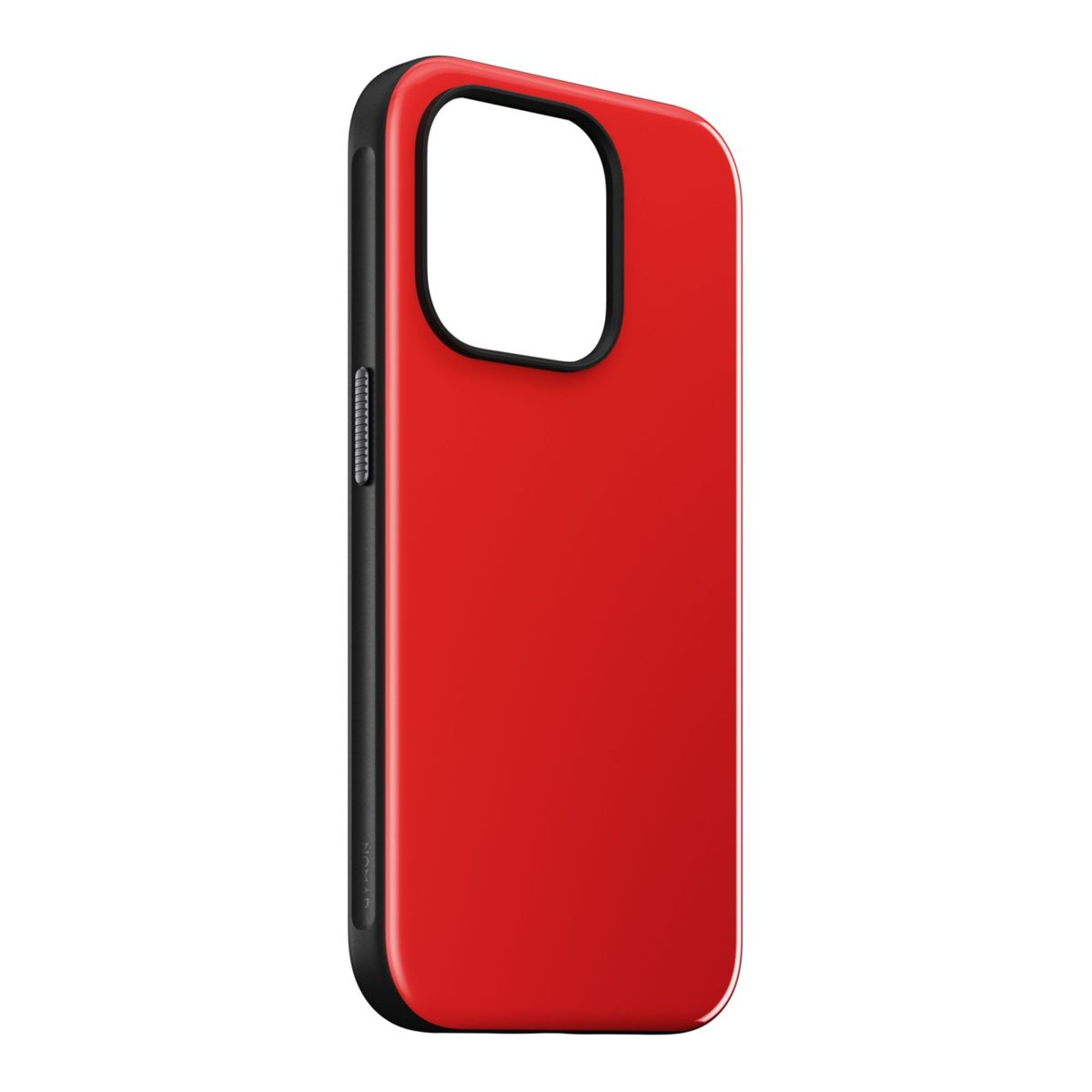 Una custodia rossa per telefono con bordo nero. Ha un ritaglio per la fotocamera. La custodia ha i pulsanti.