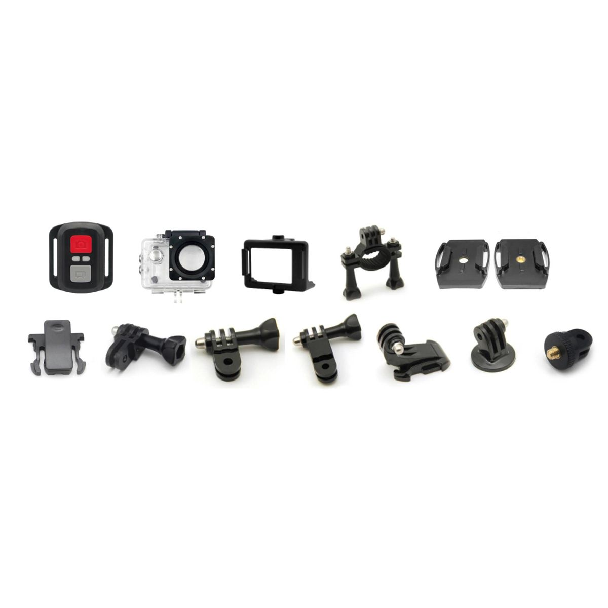 Różne akcesoria do kamer sportowych ułożone na białej powierzchni, w tym uchwyty i obudowy.