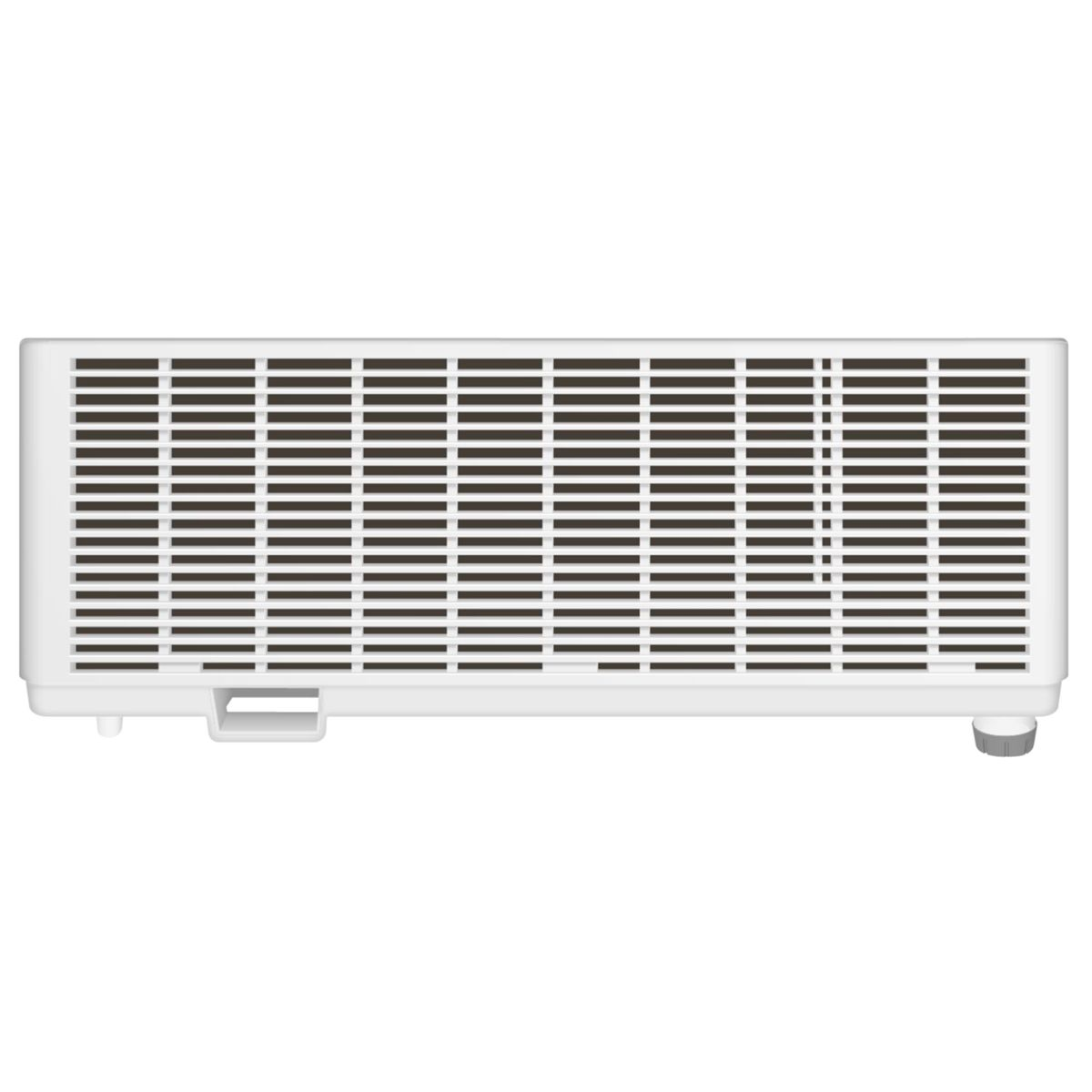 Biały projektor z czarnym wentylatorem z przodu. Ma małe nóżki i uchwyt na dole.