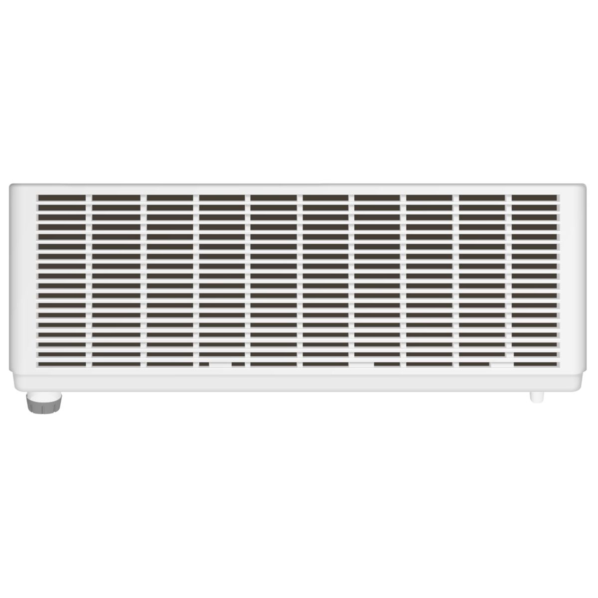 Widok z przodu białego projektora. Ma otwory wentylacyjne i małe nóżki. Na dole znajduje się uchwyt.