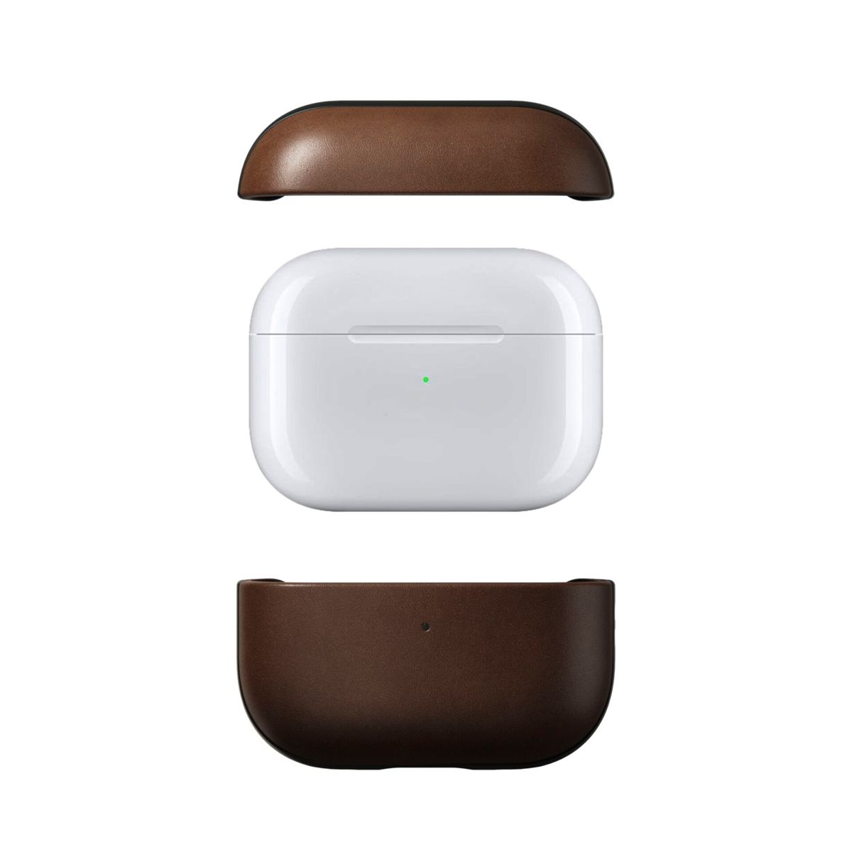 Una custodia bianca per AirPods con una parte superiore e inferiore in pelle marrone fluttua al centro.