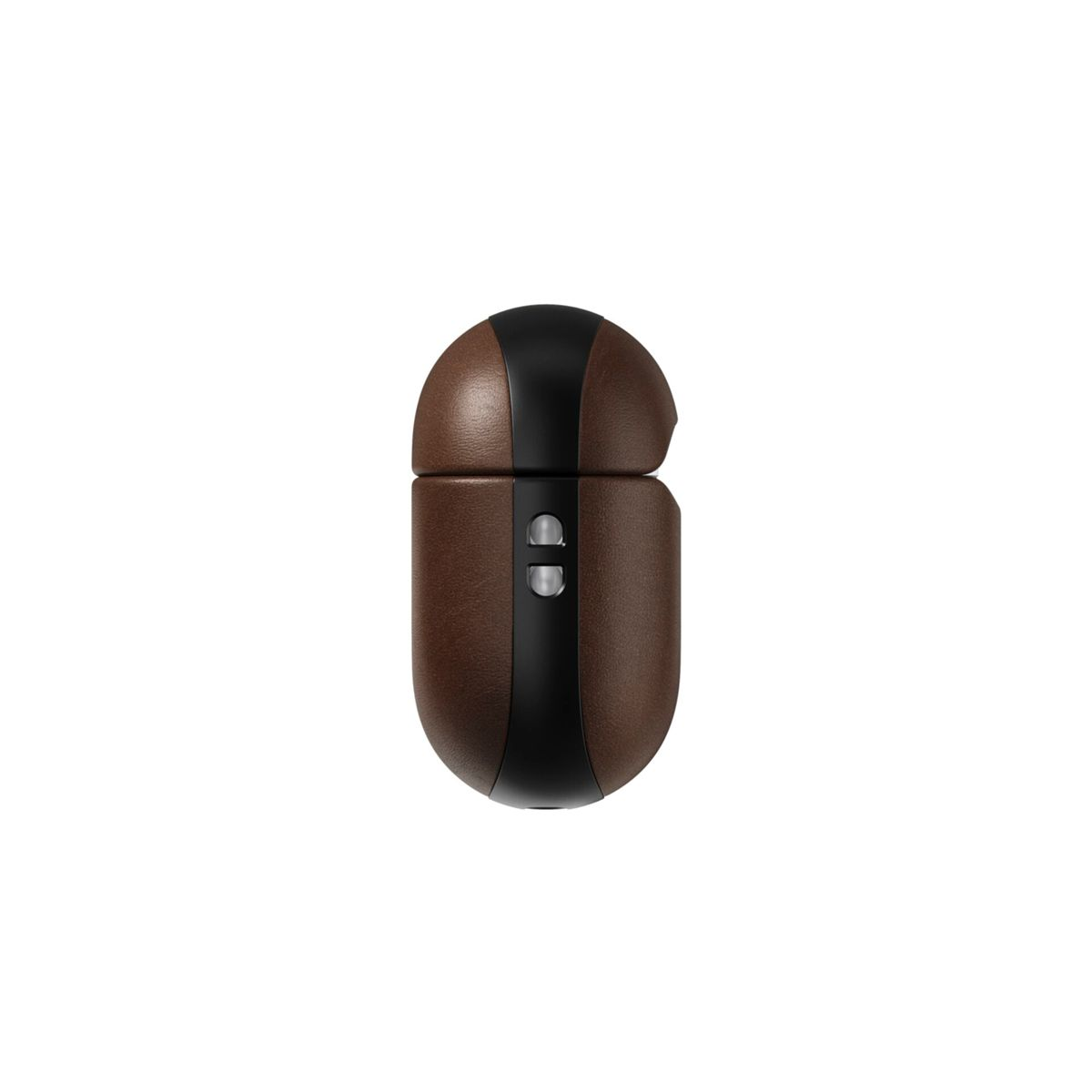Una custodia marrone per AirPods con una fascia nera mostra la parte superiore e inferiore.