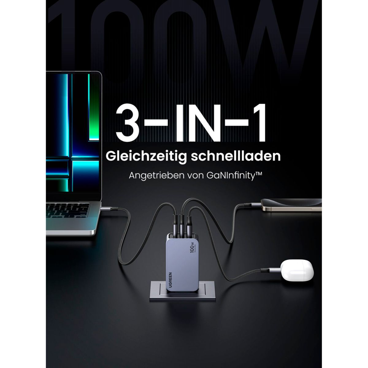 Blok ładowania z wieloma przewodami podłączonymi do laptopa i telefonu.