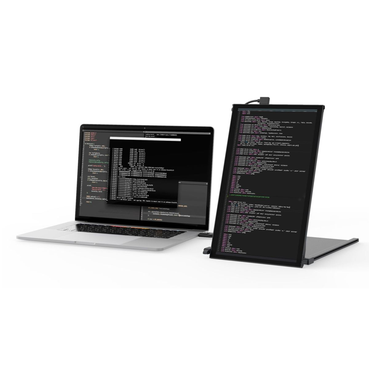 Laptop jest podłączony do dodatkowego monitora wyświetlającego kod.