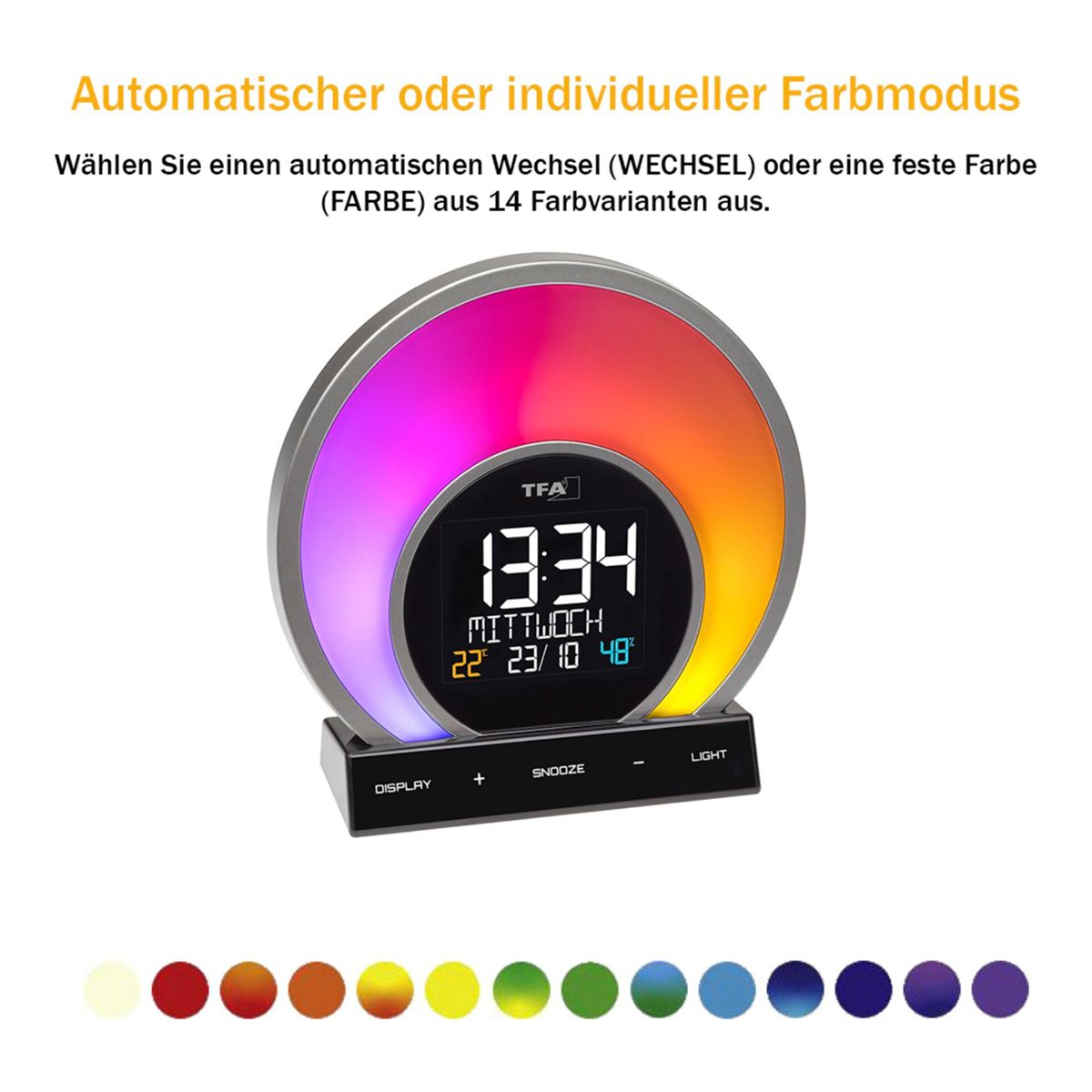 Wecker mit mehrfarbiger Anzeige und Bedientasten. Farboptionen werden unter der Uhr angezeigt.