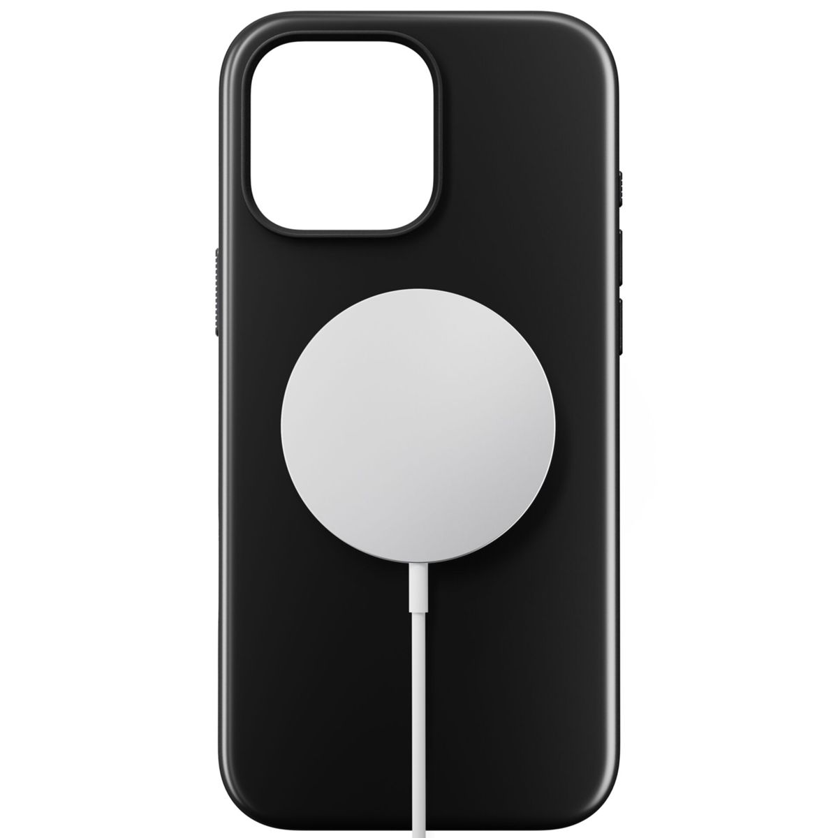Eine schwarze Handyhülle mit einem weißen, kreisförmigen MagSafe-Ladegerät.