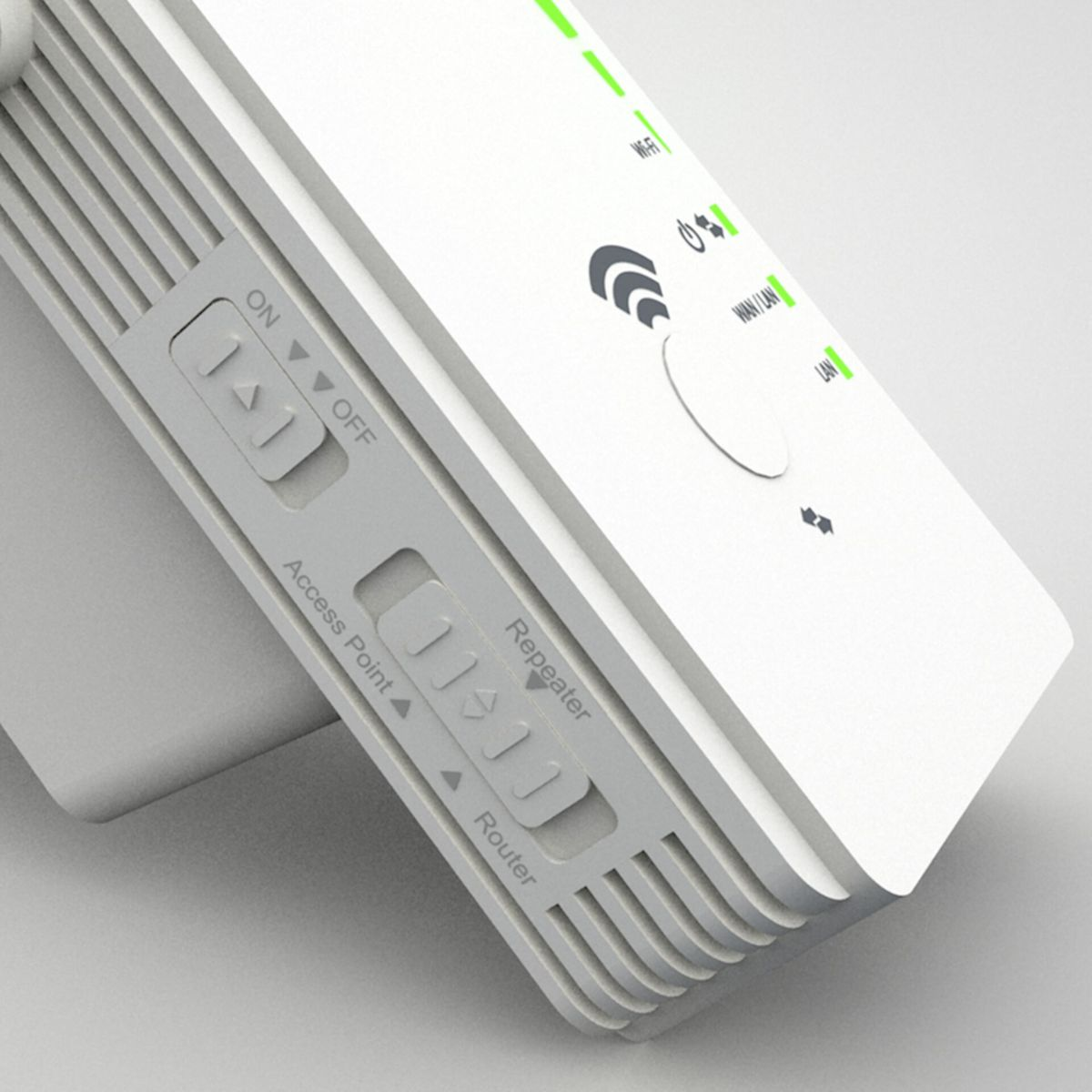 Biały router ze wskaźnikami i przyciskami funkcyjnymi. Jest pochylony, na białej powierzchni.