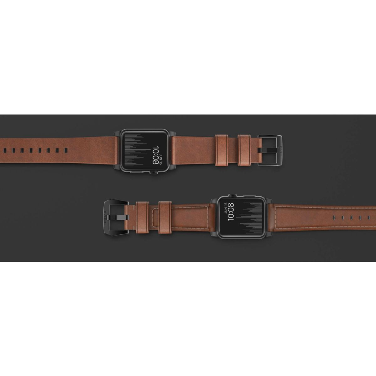 Zwei braune Lederarmbänder mit schwarzen Zifferblättern, die die Uhrzeit anzeigen, vor dunklem Hintergrund.
