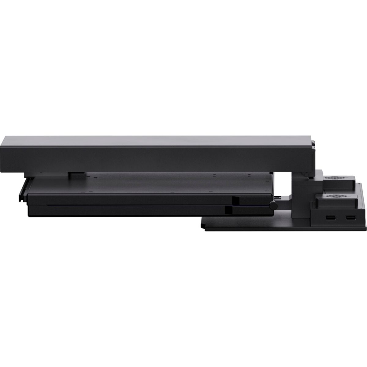 Un dispositivo negro con múltiples niveles y puertos USB.