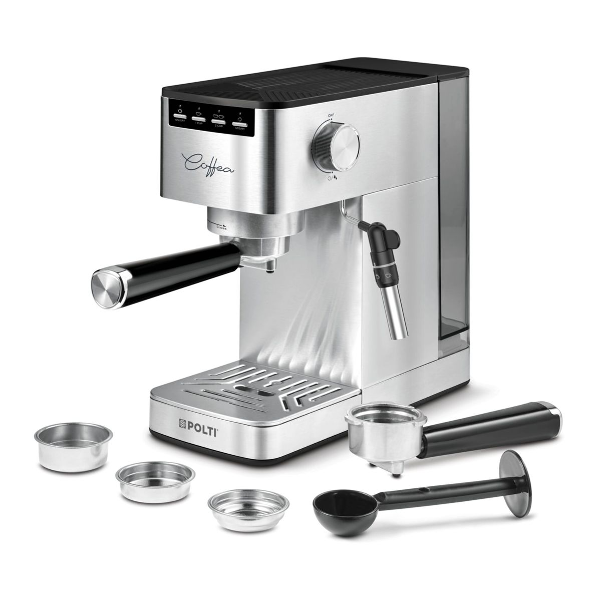 Una macchina da caffè argentata con accessori. Una persona non ha usato la macchina.