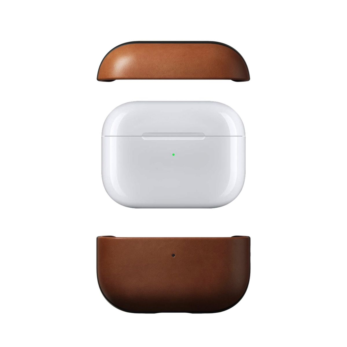 Weißes AirPods-Etui mit braunem Leder oben und unten. Das Etui ist geöffnet in drei Teilen.