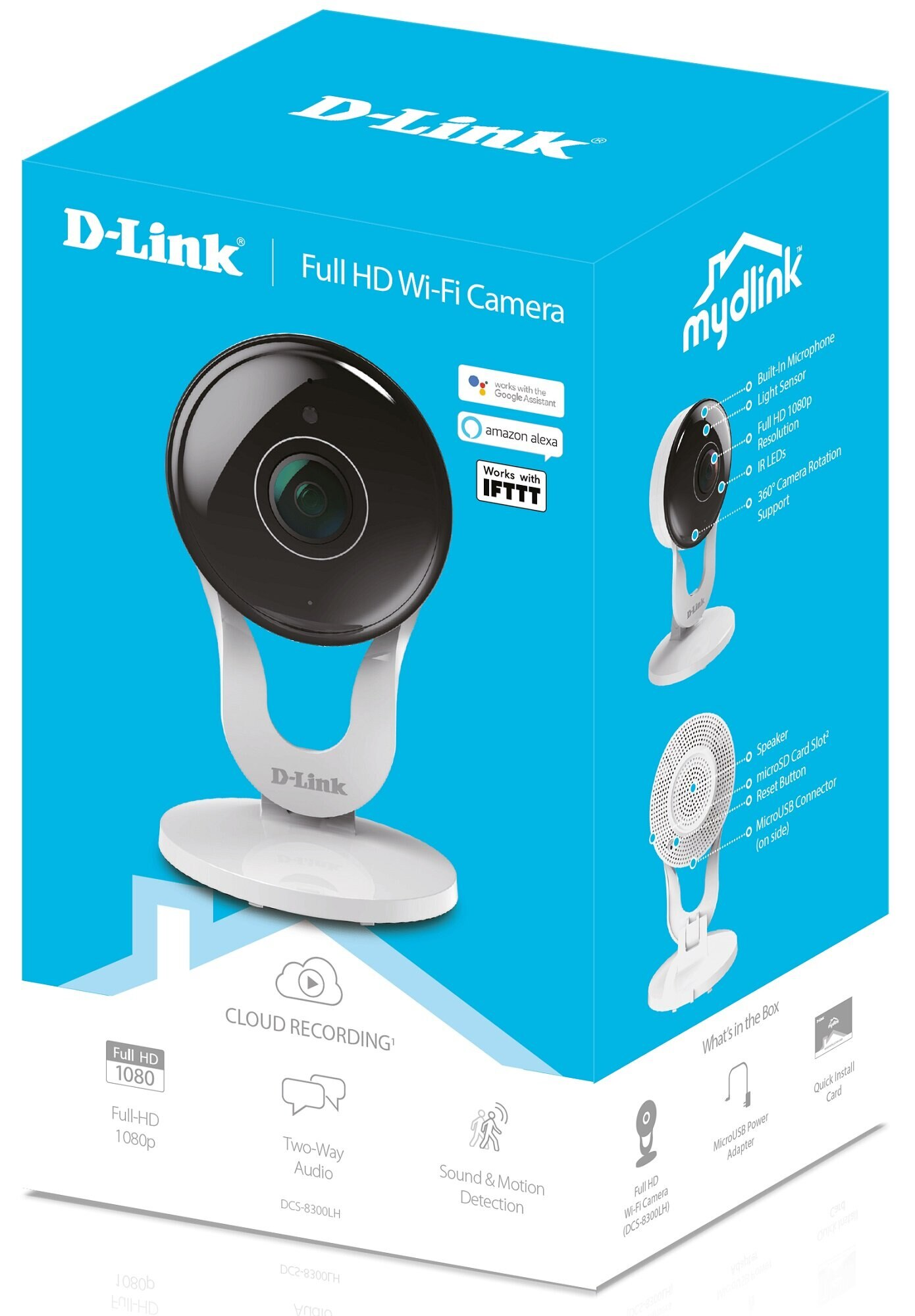 Eine D-Link Full HD Wi-Fi Kamera-Box mit Bildern der Kamera und Details.
