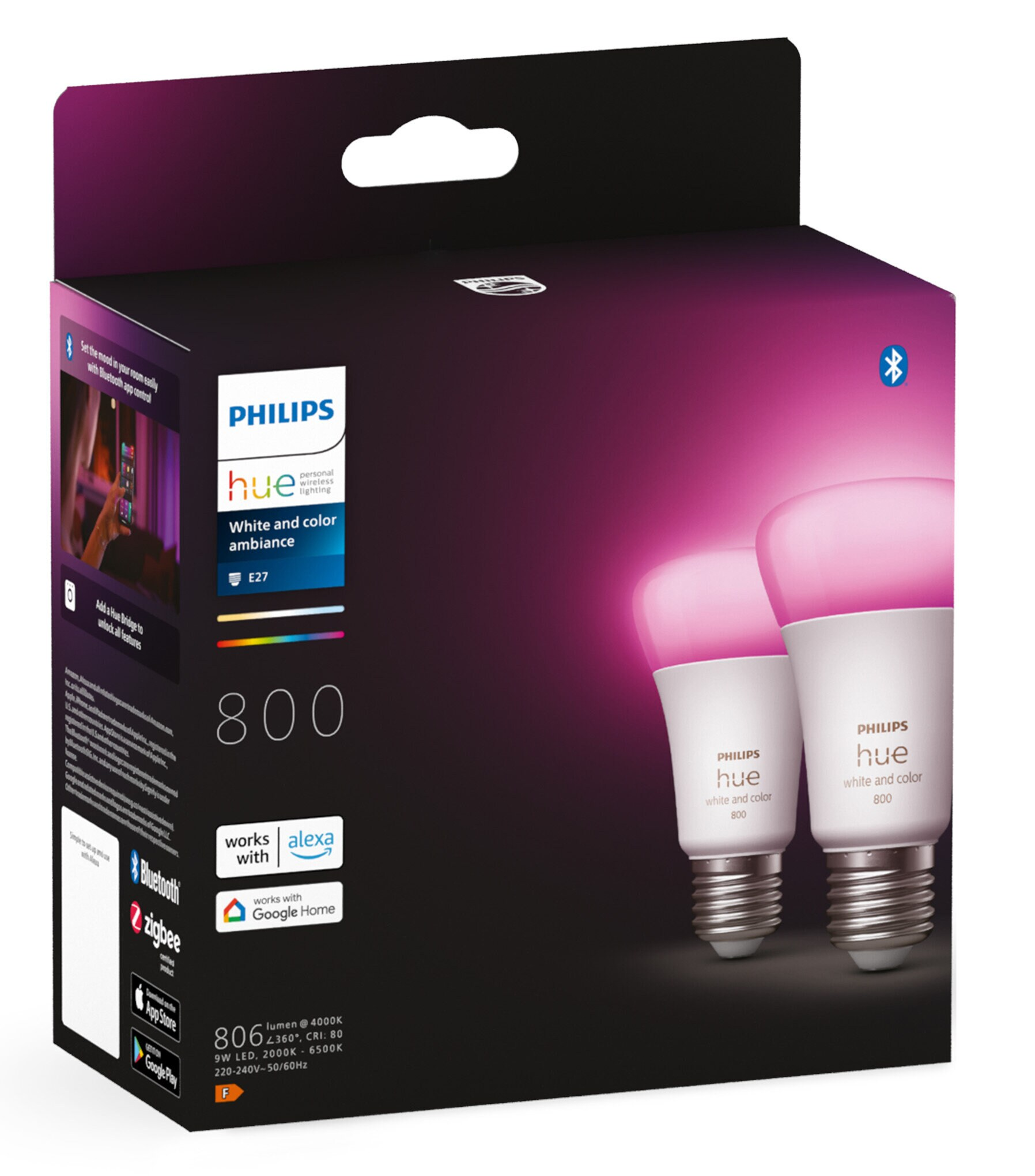 Pudełko Philips Hue z dwiema świecącymi żarówkami. Pudełko pokazuje funkcje i markę.