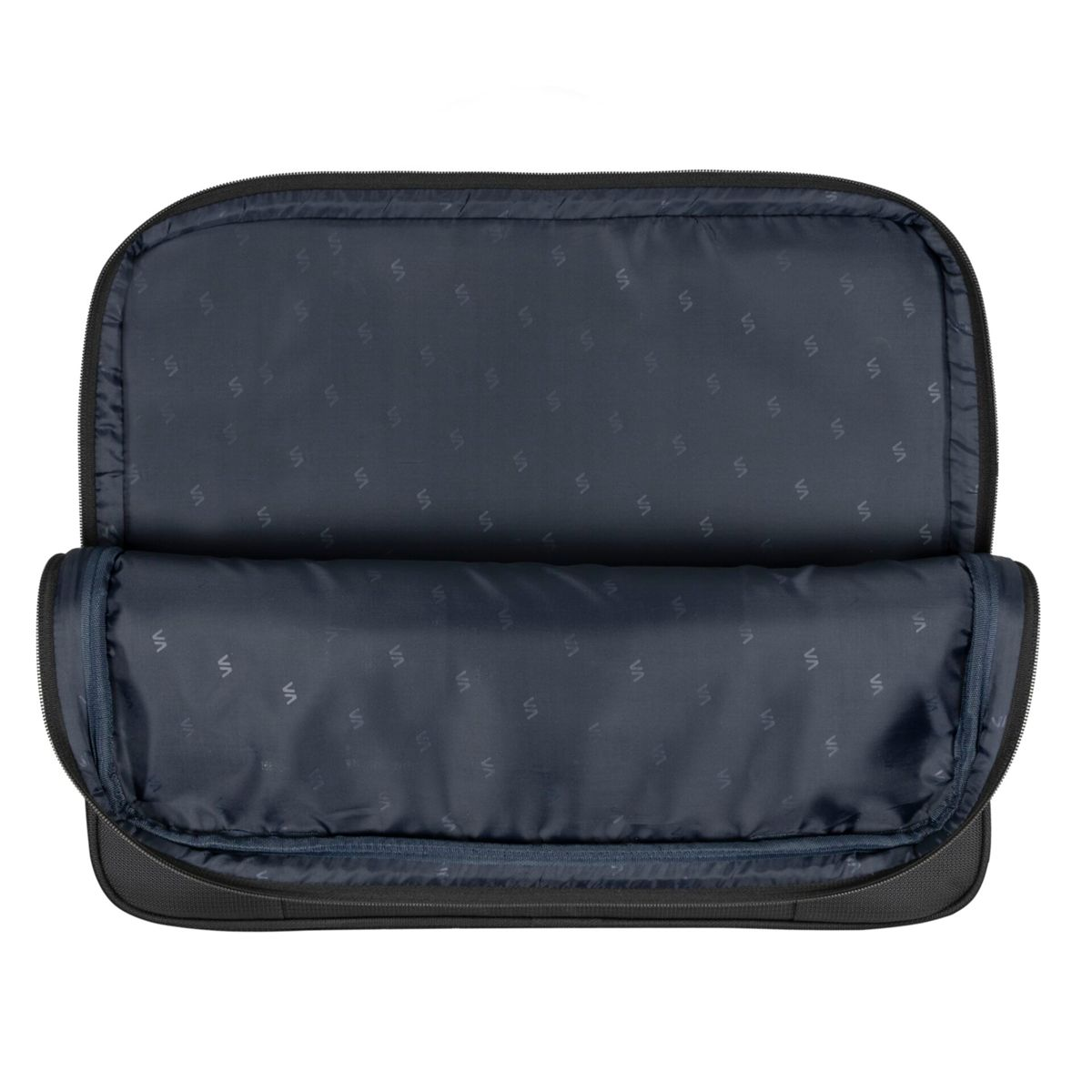 Una borsa per laptop nera aperta, che rivela un interno a fantasia.