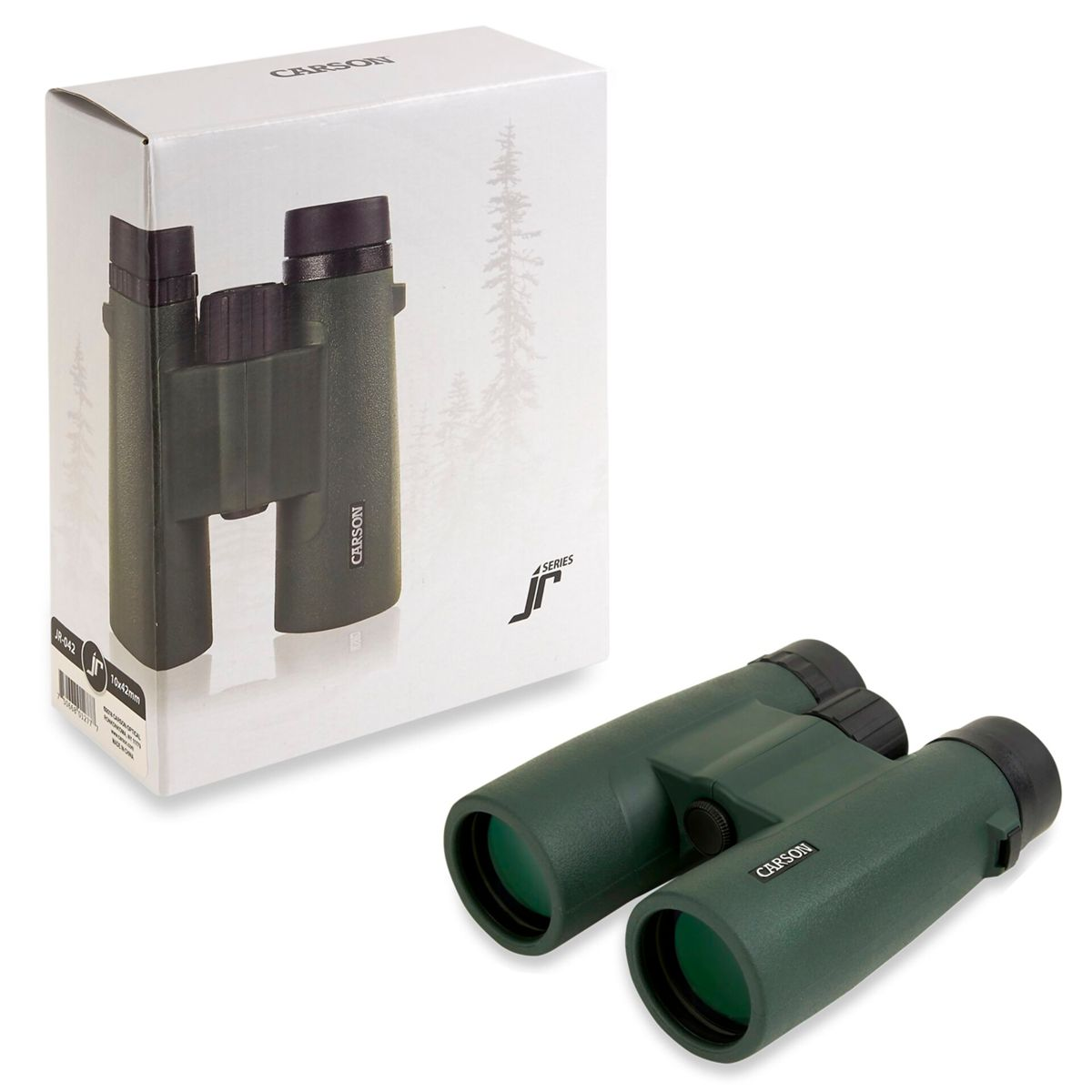 Lornetka w pudełku i osobno, zielony korpus, czarne detale, białe pudełko z tekstem.