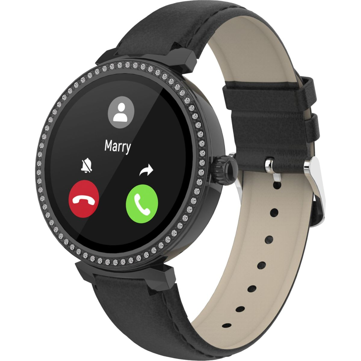 Schwarze Smartwatch mit schwarzem Armband, rundes Zifferblatt mit Anruffunktionen.