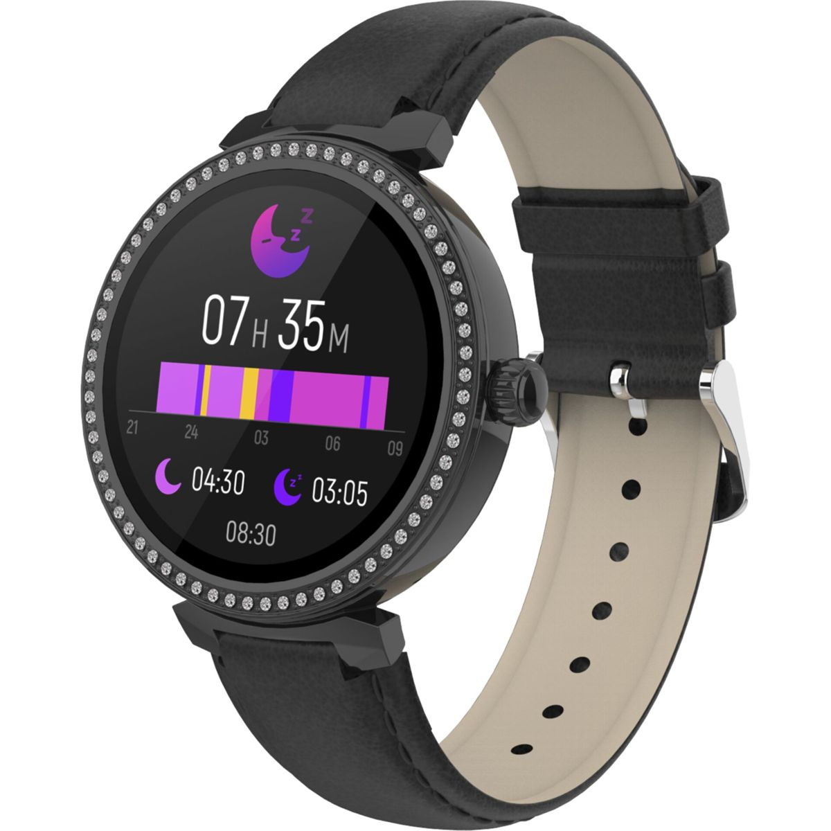 Schwarze Smartwatch mit schwarzem Lederarmband, zeigt Zeit und Schlafdaten.