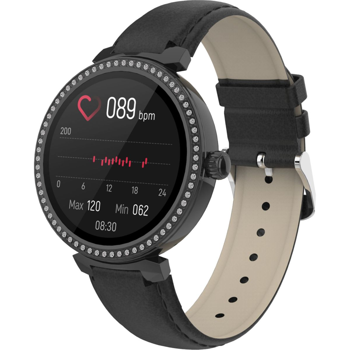 Schwarze Smartwatch mit schwarzem Armband, rundes Zifferblatt mit Gesundheitsdaten, Strasssteine.