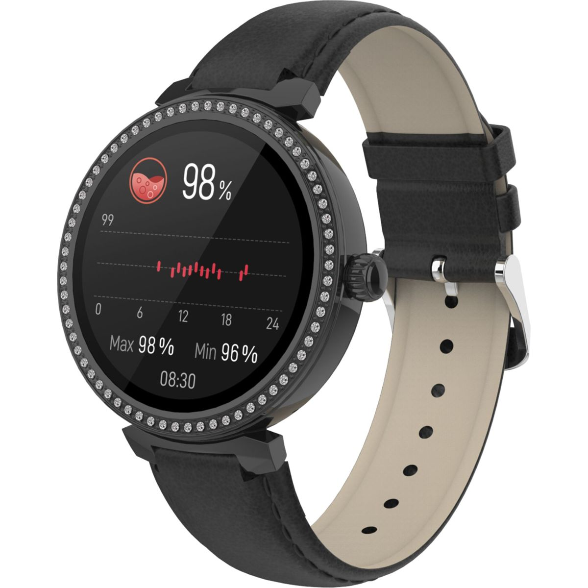 Schwarze Smartwatch mit schwarzem Armband, rundes Zifferblatt mit Gesundheitsdaten, Strasssteine.