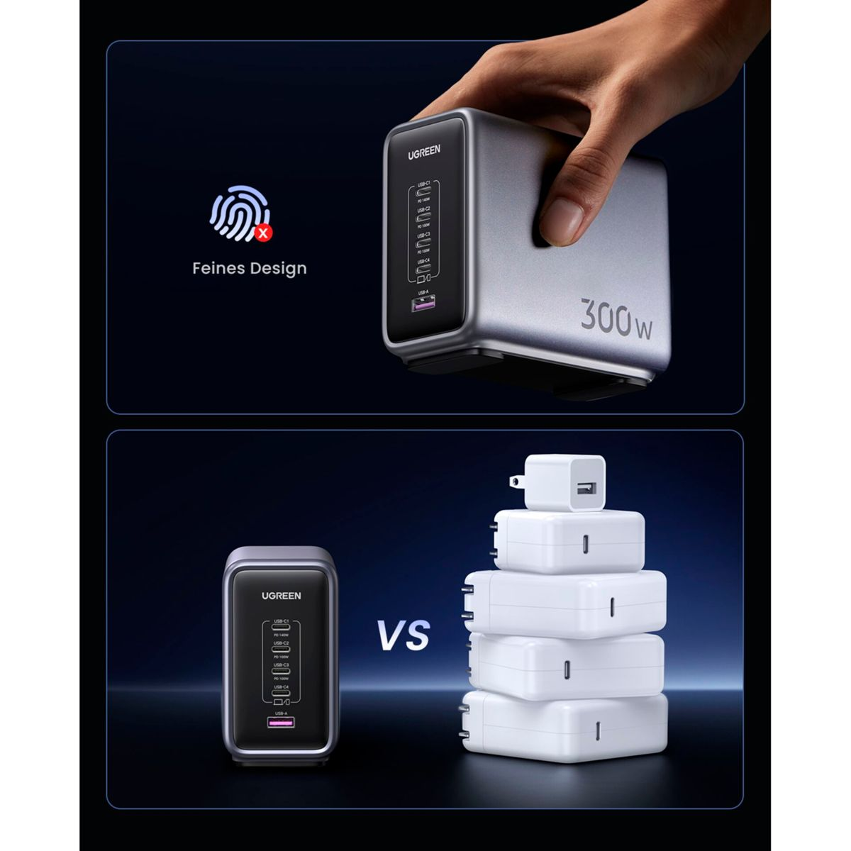 Dwa obrazy ładowarki UGREEN. Jeden pokazuje ładowarkę i rękę trzymającą ją. Drugi pokazuje ładowarkę w porównaniu z innymi.