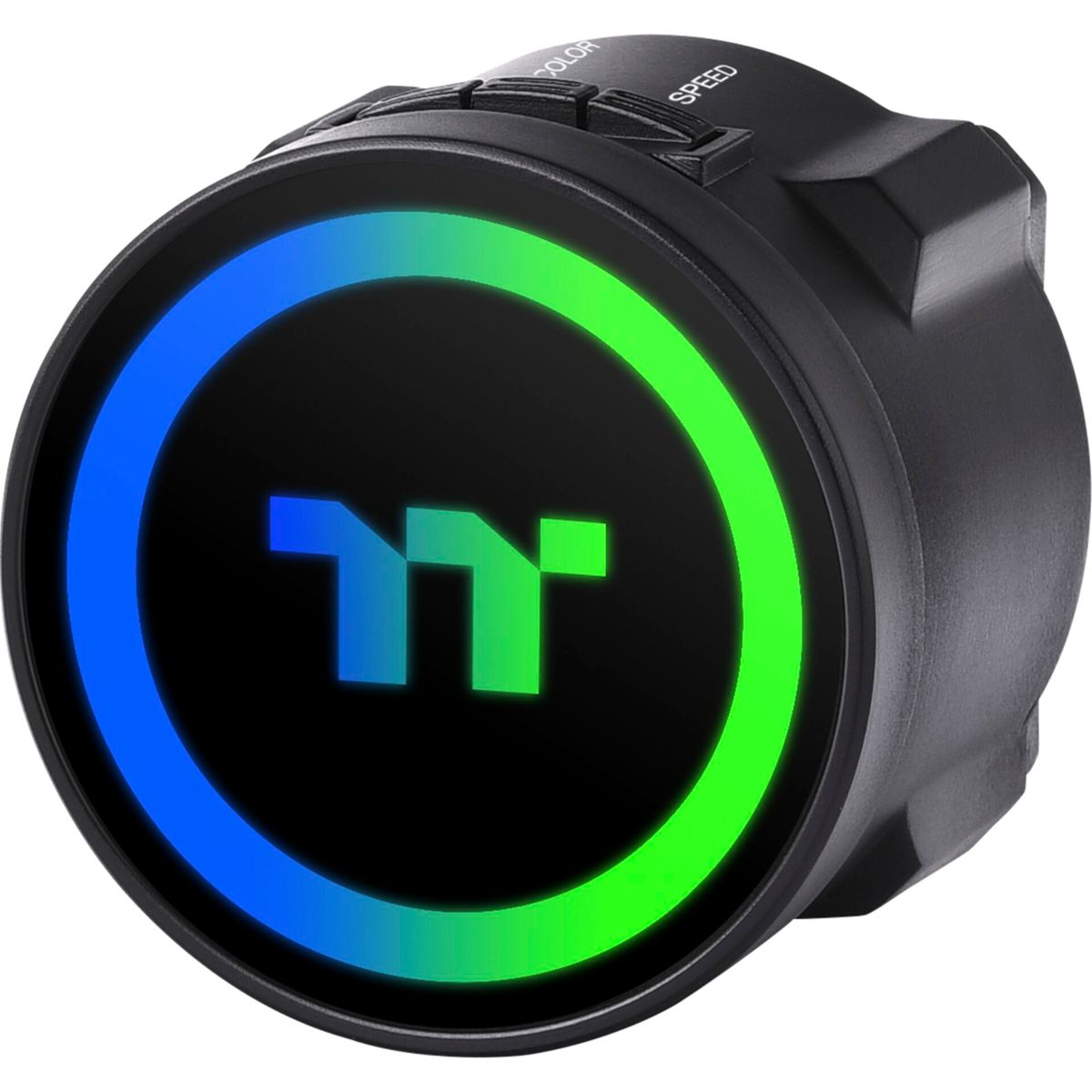 Ein schwarzes kreisförmiges Gerät mit einem bunten leuchtenden Ring. Das Logo ist sichtbar. Es gibt Tasten für Farbe und Geschwindigkeit.