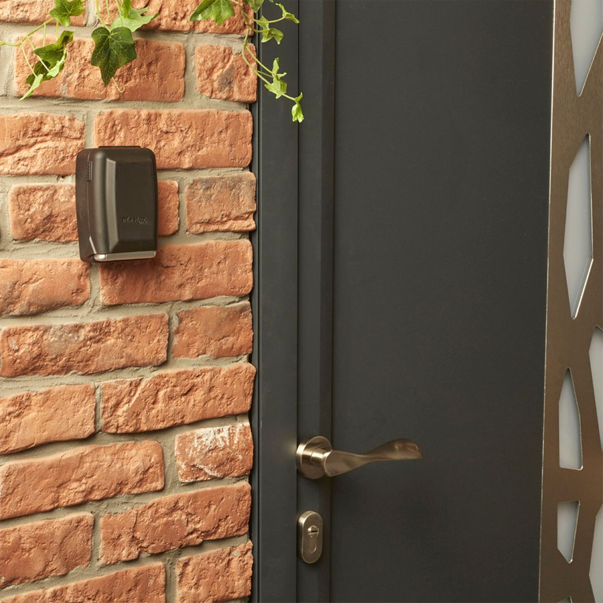 Una caja fuerte para llaves montada en una pared de ladrillo junto a una puerta gris oscuro. Crecen enredaderas verdes.