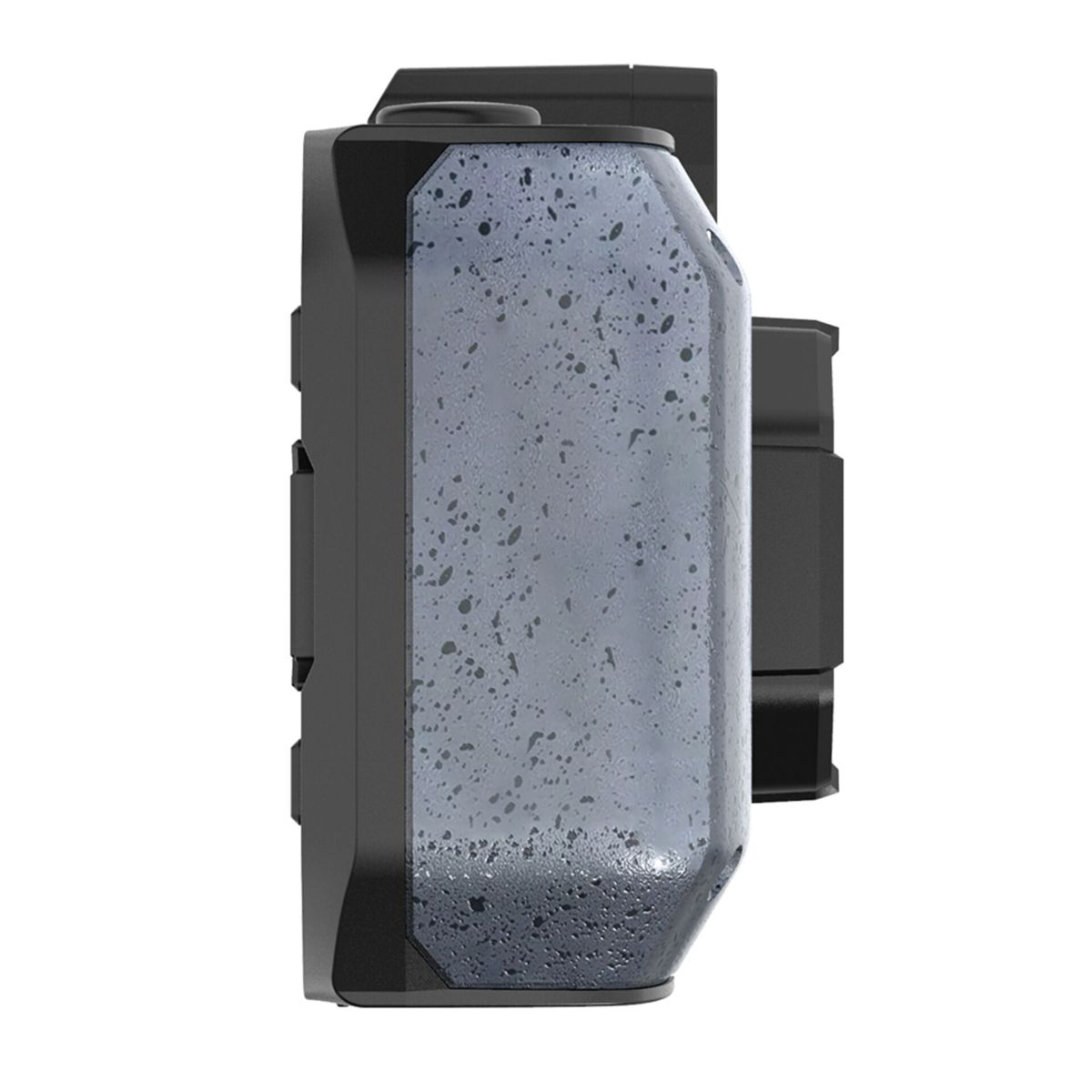 Zbliżenie pojemnika z teksturowanym panelem i czarną ramą.