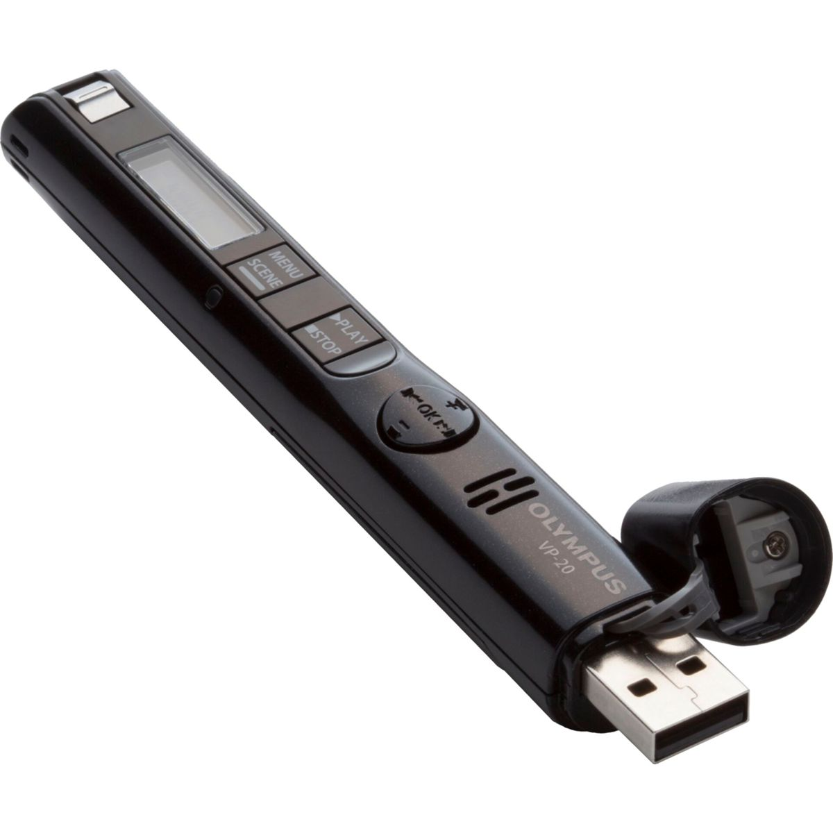 Czarny dyktafon Olympus z otwartym złączem USB i widocznym wyświetlaczem.