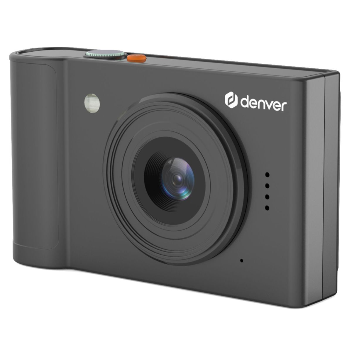 Een zwarte Denver-camera met een lens en een oranje knop aan de bovenkant.
