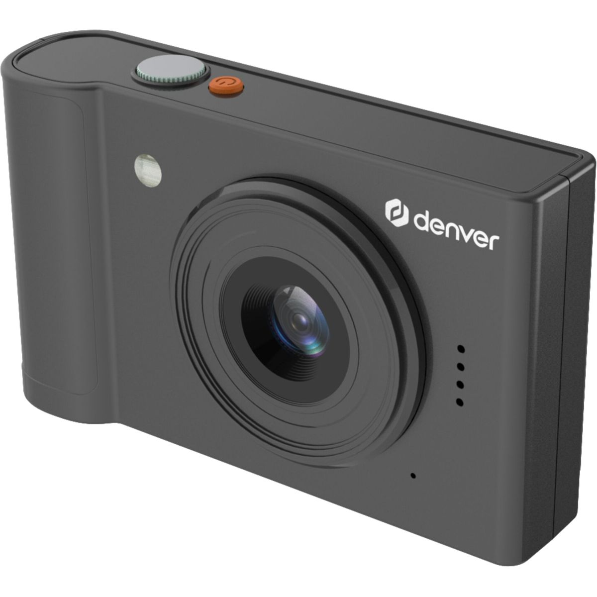 Een donkergrijze Denver digitale camera. Het heeft een lens, knoppen en een logo. De camera staat op een witte achtergrond.