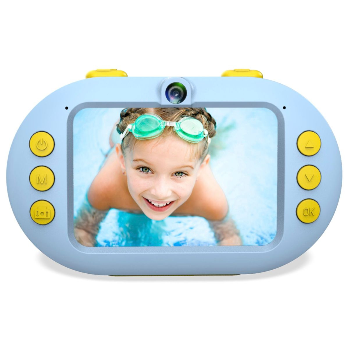 Dziecko w okularach patrzy na niebieski ekran aparatu, uśmiechając się. Po bokach aparatu znajdują się przyciski.