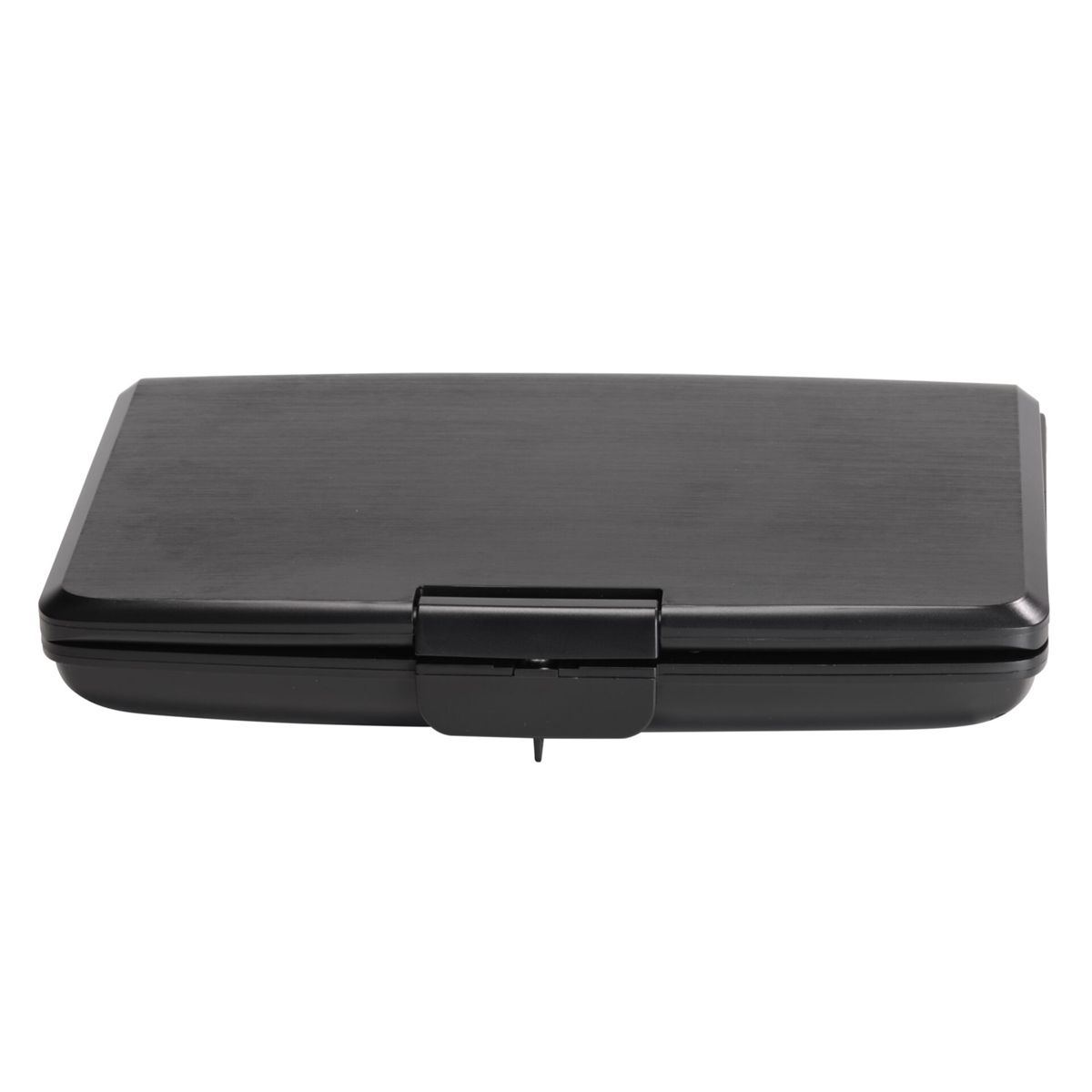 Zamknięte czarne urządzenie, prawdopodobnie przenośny odtwarzacz DVD, z zawiasem.