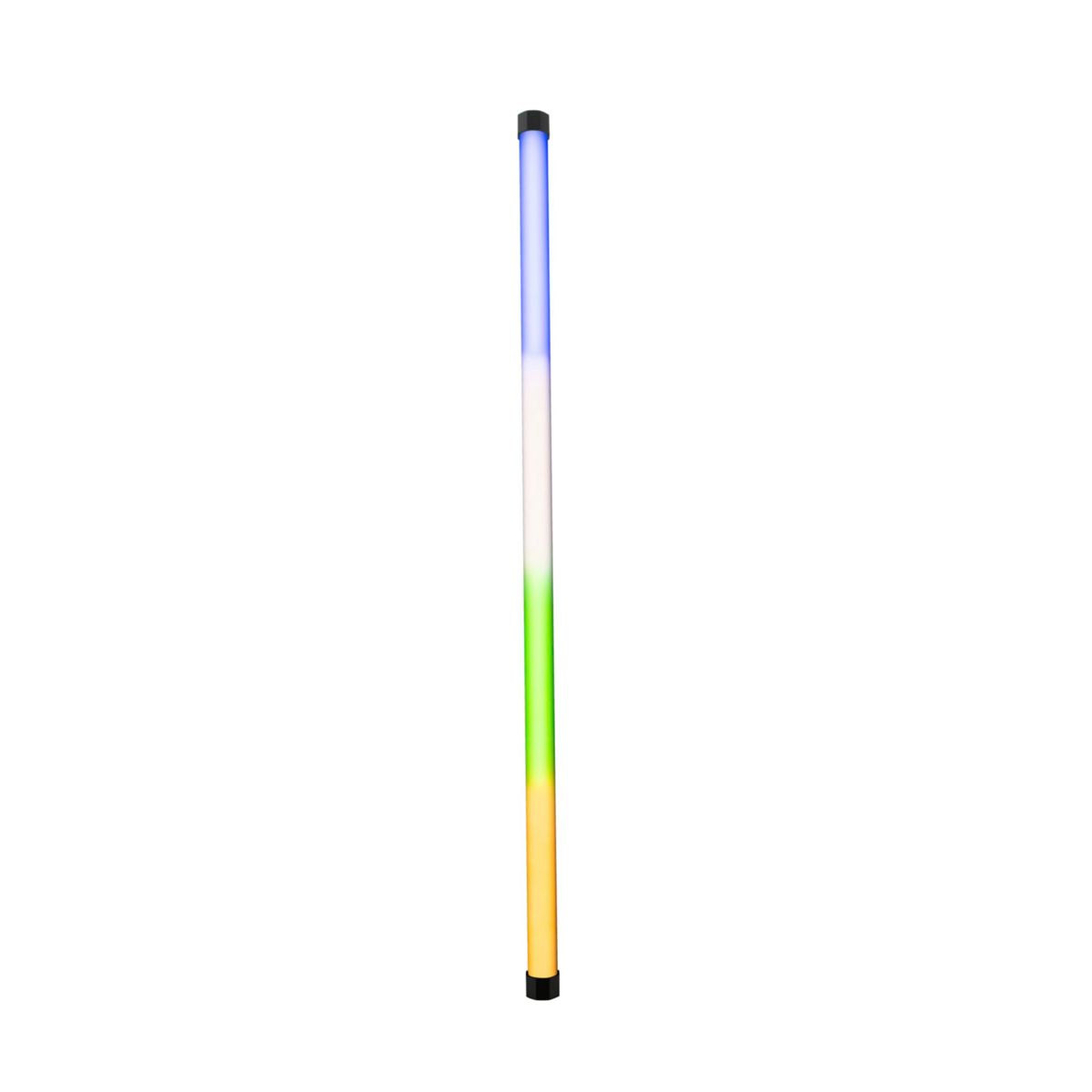 Eine hohe, mehrfarbige LED-Lichtröhre. Die Farben sind blau, weiß, grün und gelb, vertikal angeordnet.