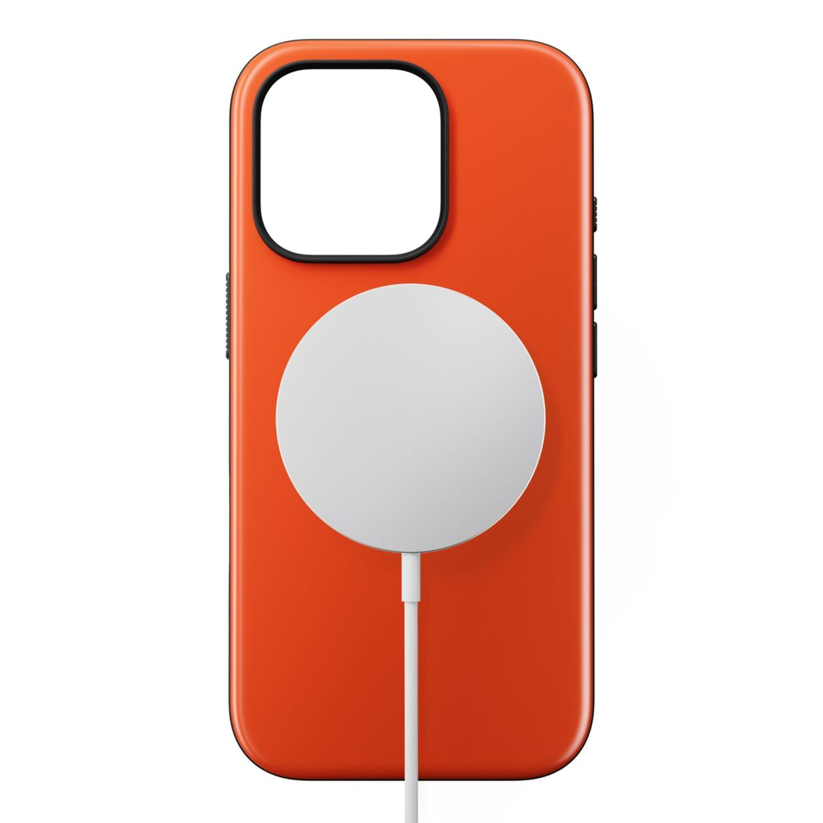 Eine orangefarbene Handyhülle mit schwarzem Rand und einem weißen MagSafe-Ladegerät. Es ist sauber und neu.