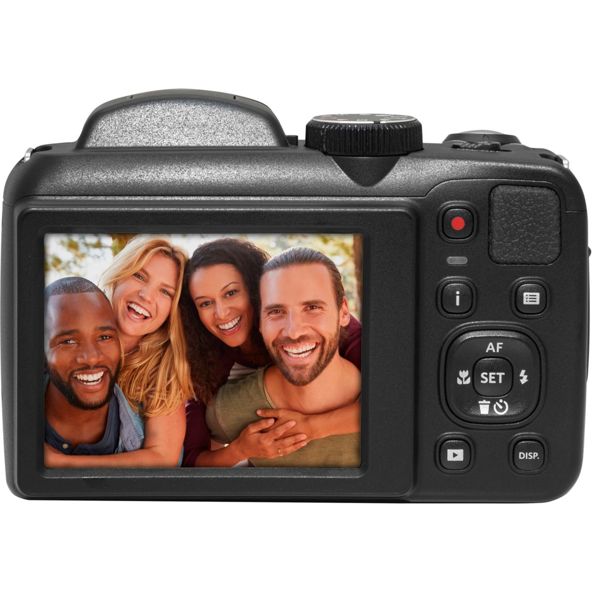 Czarny aparat cyfrowy wyświetla zdjęcie grupy czterech uśmiechniętych osób. Widoczne są elementy sterowania aparatu.