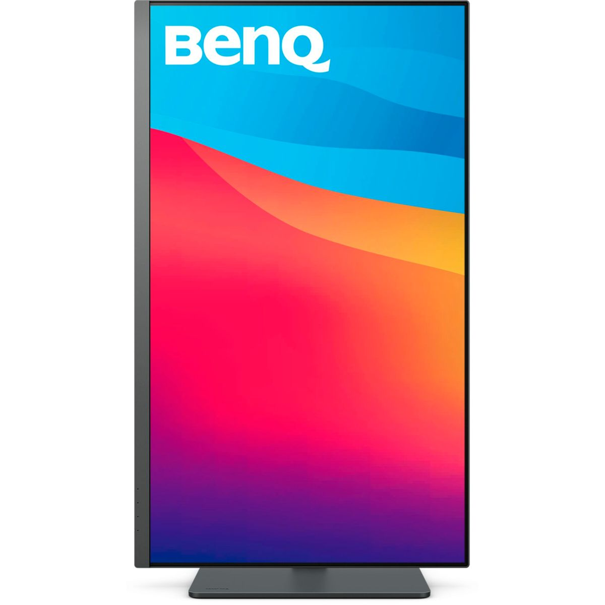 Pionowy monitor z kolorowym gradientem i logo BenQ u góry.