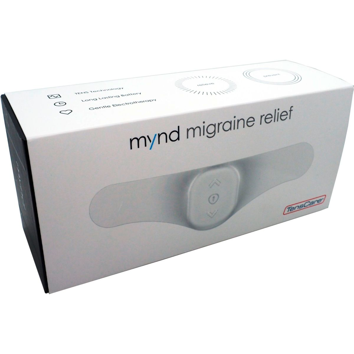 Eine weiße Schachtel mit der Aufschrift 'mynd migraine relief' und einem weißen Gerät darauf.