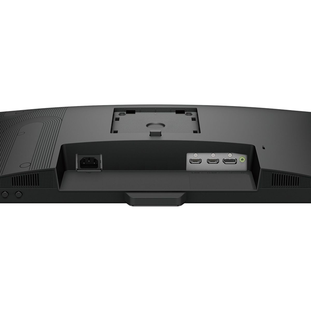 Tył monitora z różnymi portami: zasilanie, HDMI i audio. Jest czarny.