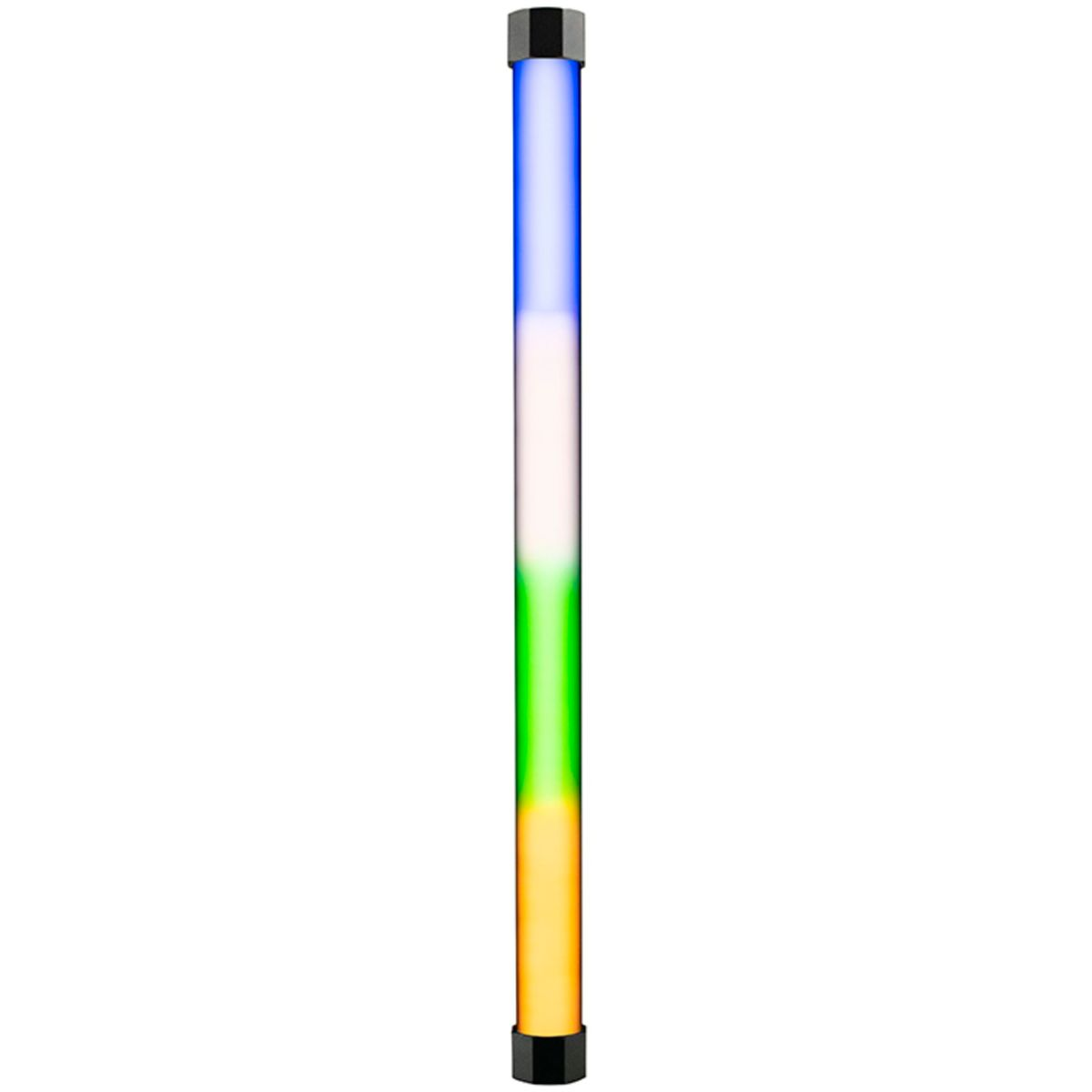 Eine hohe, vertikale LED-Lichtröhre, unterteilt in Blau, Weiß, Grün und Gelb.