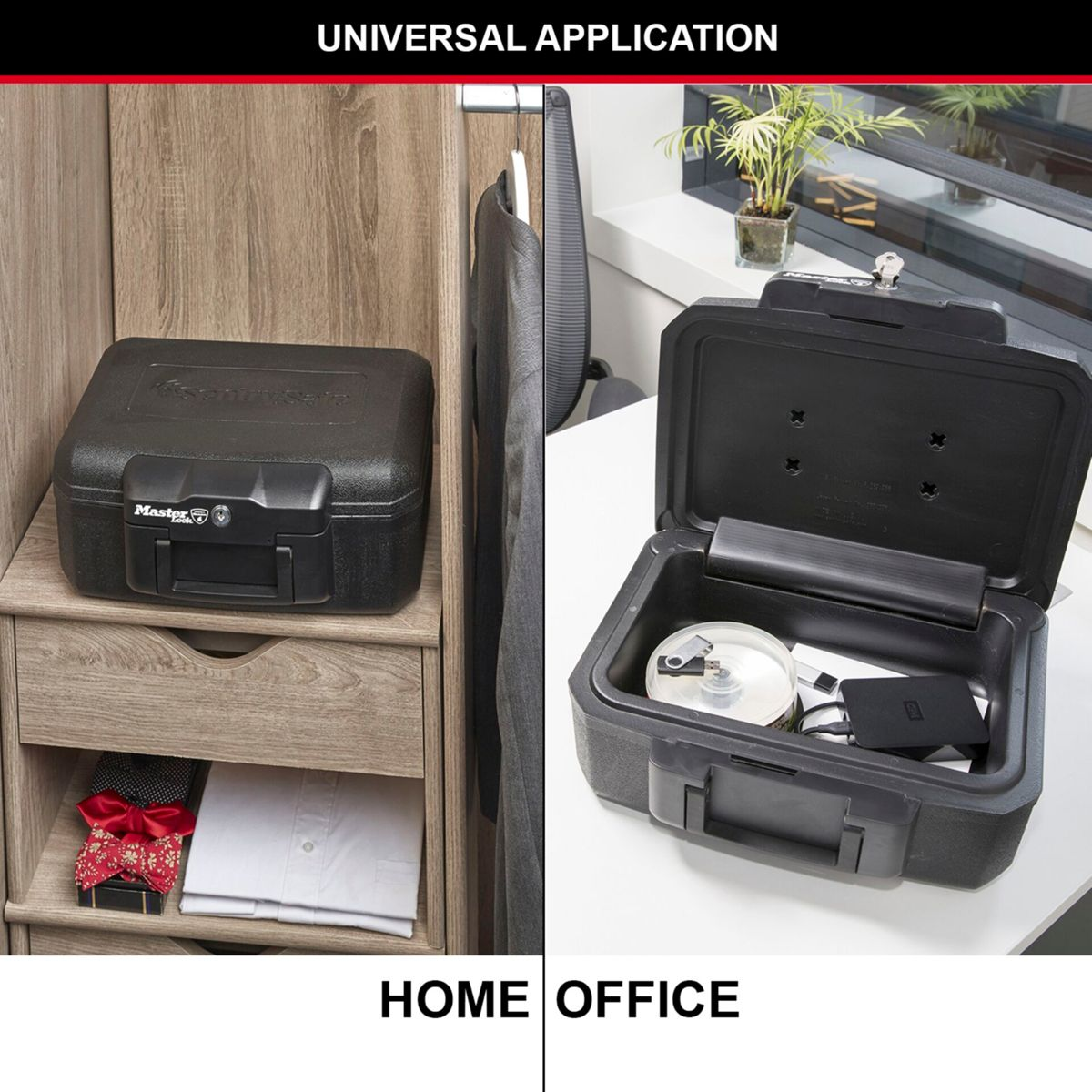 Ein schwarzer Tresor in einem Holzschrank. Der Safe ist auch geöffnet gezeigt.