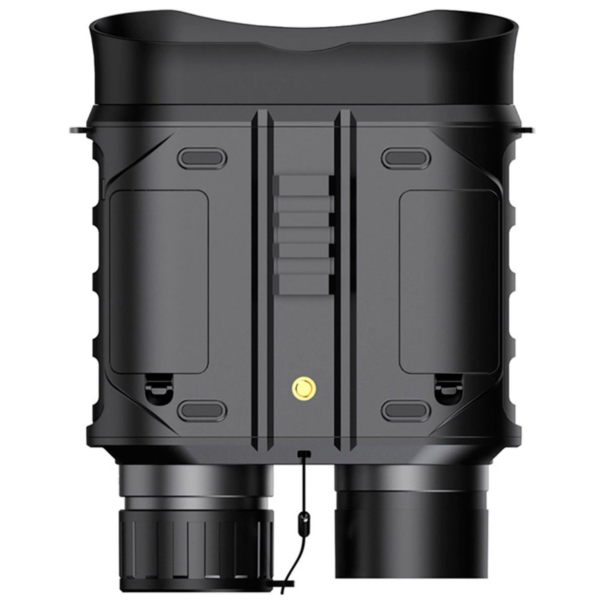 Binocolo nero. Ha lenti e una parte superiore. Lo sfondo è bianco.