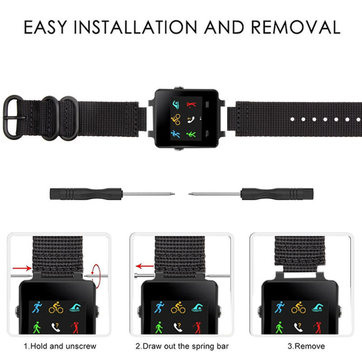 Schemat pokazujący, jak założyć pasek do zegarka. Pokazano zegarek, paski i narzędzia.